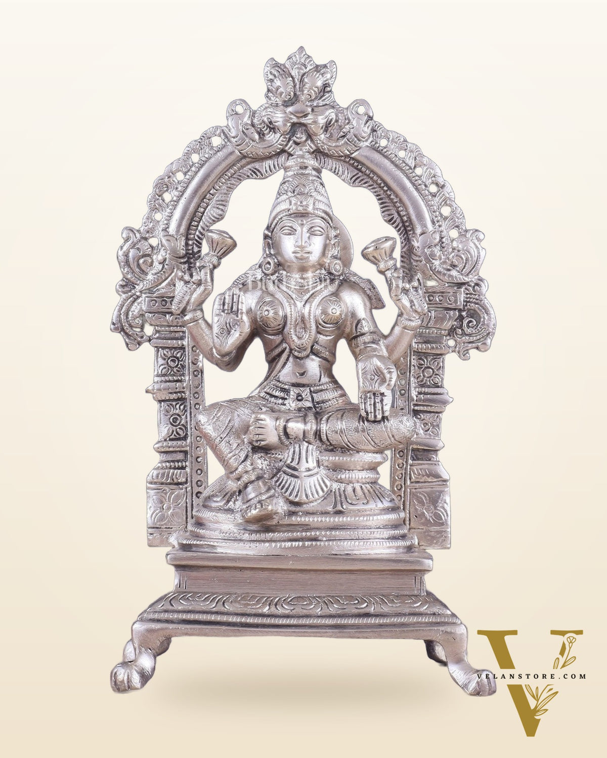 Pure Brass Goddess Lakshmi Seated on a Throne – Silver Plated Idol 8"