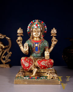 Pure Brass Goddess Lakshmi Statue 12 Inch multicolour