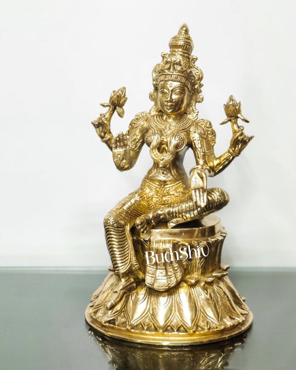 Pure Brass Goddess Lakshmi Statue | Handcrafted | Polished Brass Finish | 14.5" Height