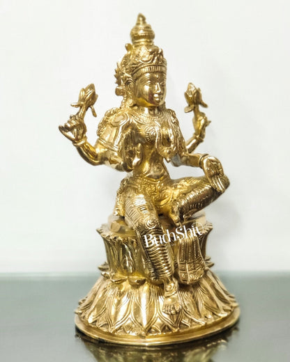 Pure Brass Goddess Lakshmi Statue | Handcrafted | Polished Brass Finish | 14.5" Height