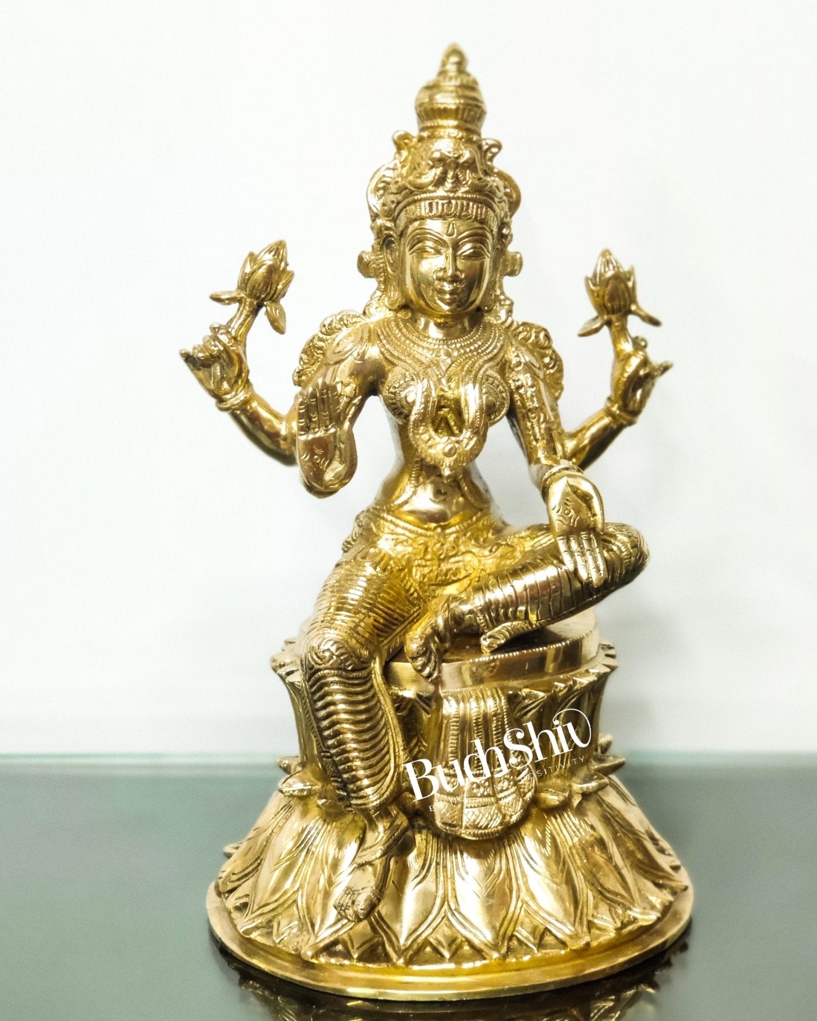 Pure Brass Goddess Lakshmi Statue | Handcrafted | Polished Brass Finish | 14.5" Height