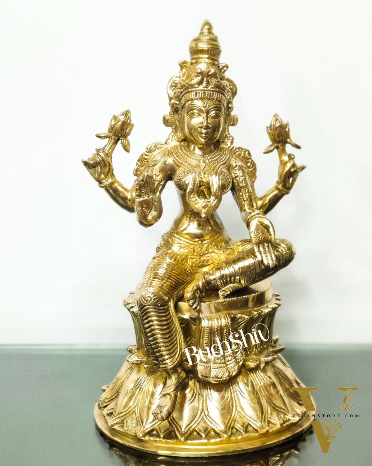 Pure Brass Goddess Lakshmi Statue | Handcrafted | Polished Brass Finish | 14.5" Height