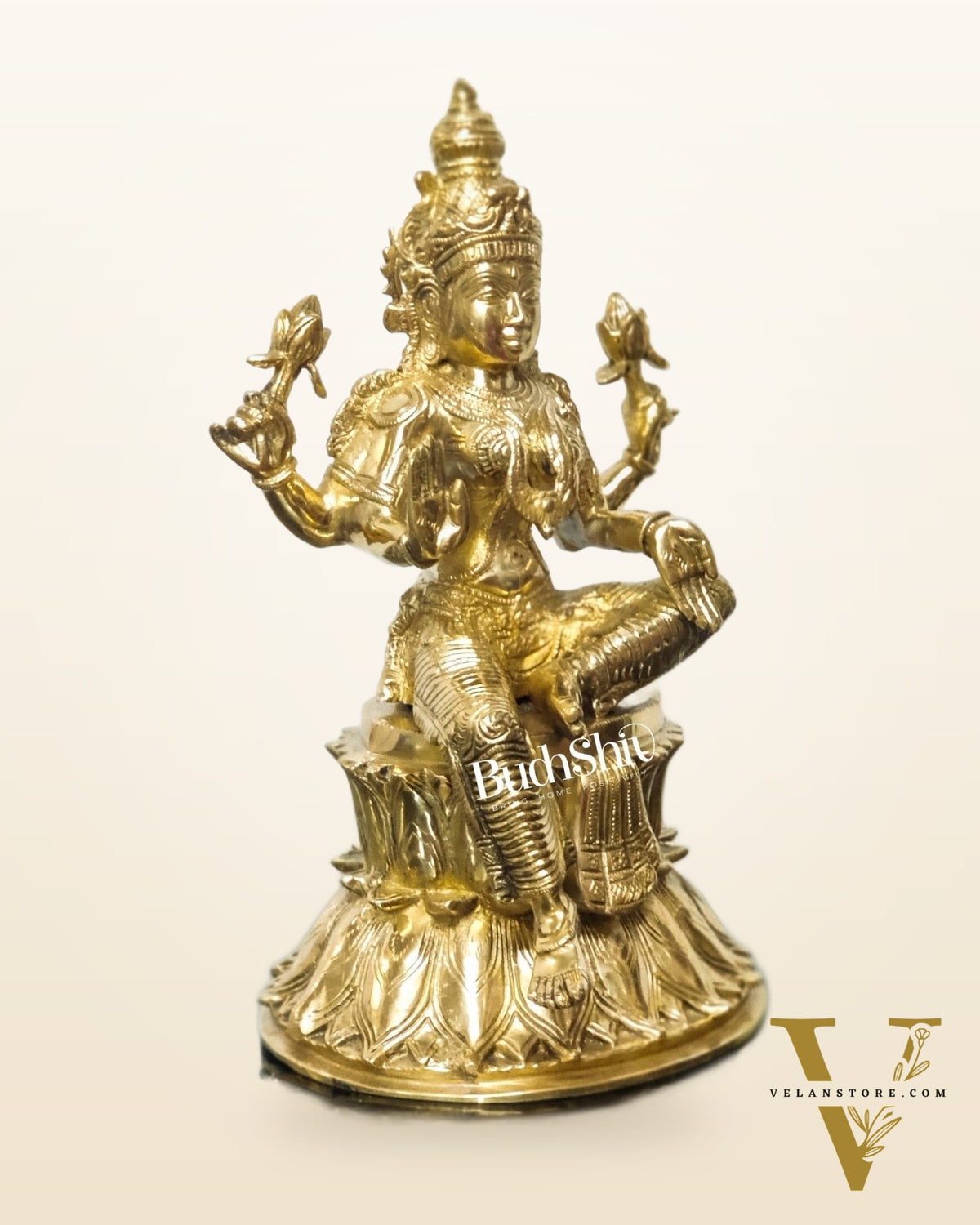 Pure Brass Goddess Lakshmi Statue | Handcrafted | Polished Brass Finish | 14.5" Height
