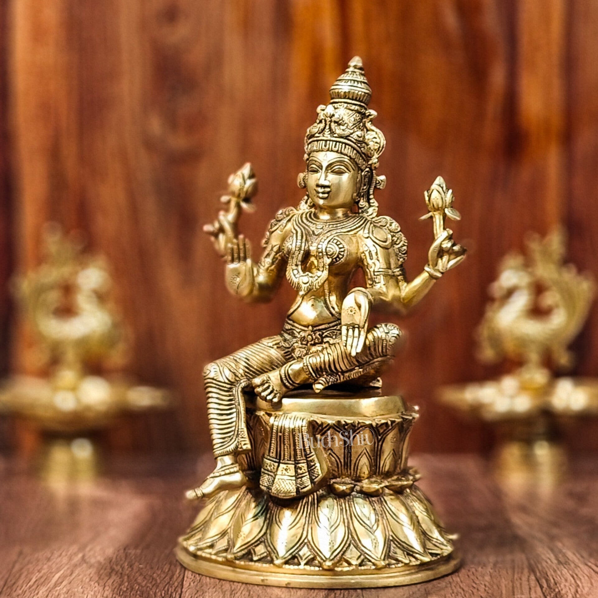 Pure Brass Goddess Lakshmi Statue | Handcrafted | Shine Gold Finish | 14.5" Height