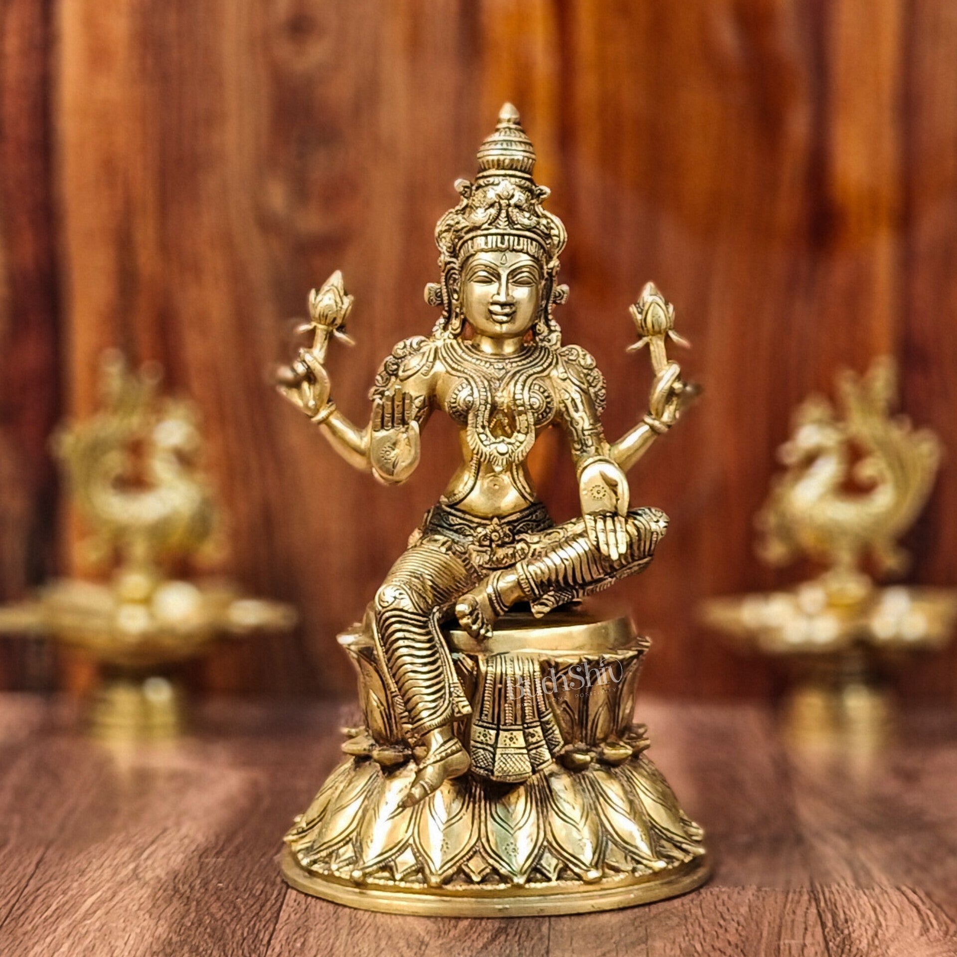 Pure Brass Goddess Lakshmi Statue | Handcrafted | Shine Gold Finish | 14.5" Height