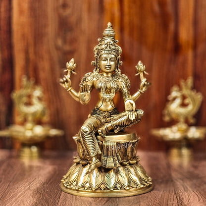 Pure Brass Goddess Lakshmi Statue | Handcrafted | Shine Gold Finish | 14.5" Height