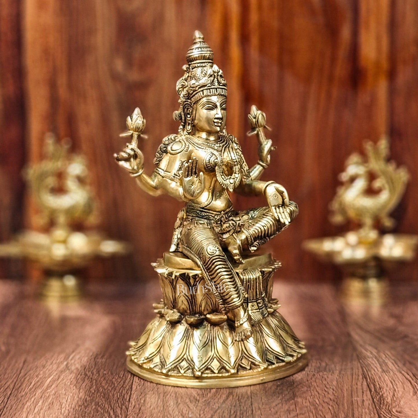 Pure Brass Goddess Lakshmi Statue | Handcrafted | Shine Gold Finish | 14.5" Height
