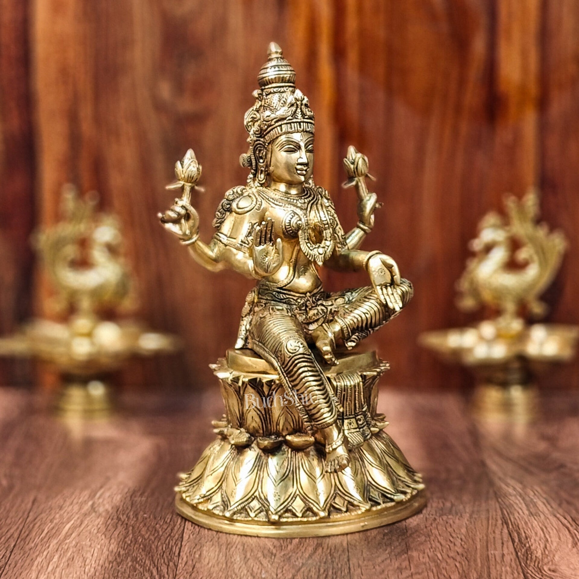 Pure Brass Goddess Lakshmi Statue | Handcrafted | Shine Gold Finish | 14.5" Height