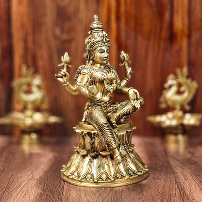 Pure Brass Goddess Lakshmi Statue | Handcrafted | Shine Gold Finish | 14.5" Height