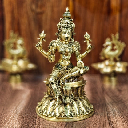 Pure Brass Goddess Lakshmi Statue | Handcrafted | Shine Gold Finish | 14.5" Height