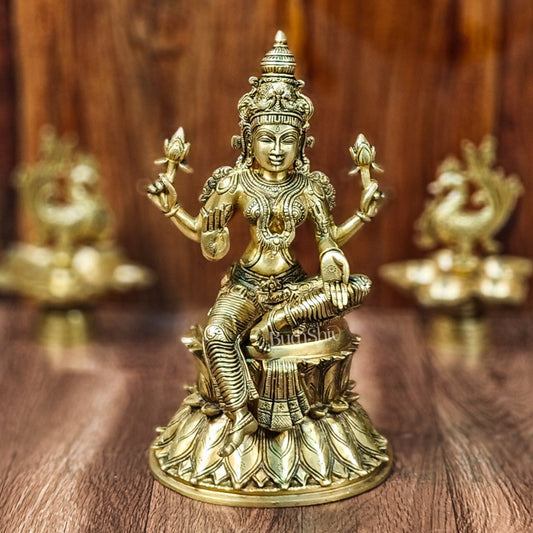 Pure Brass Goddess Lakshmi Statue | Handcrafted | Shine Gold Finish | 14.5" Height