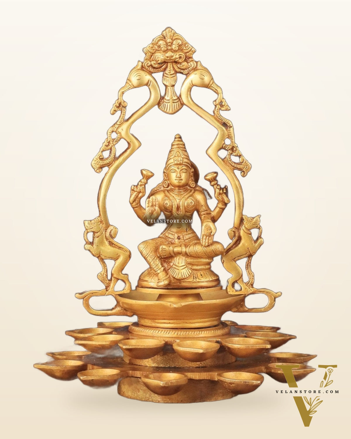Pure Brass Goddess Lakshmi Statue with Diyas and Thiruvarchi Frame - 12"