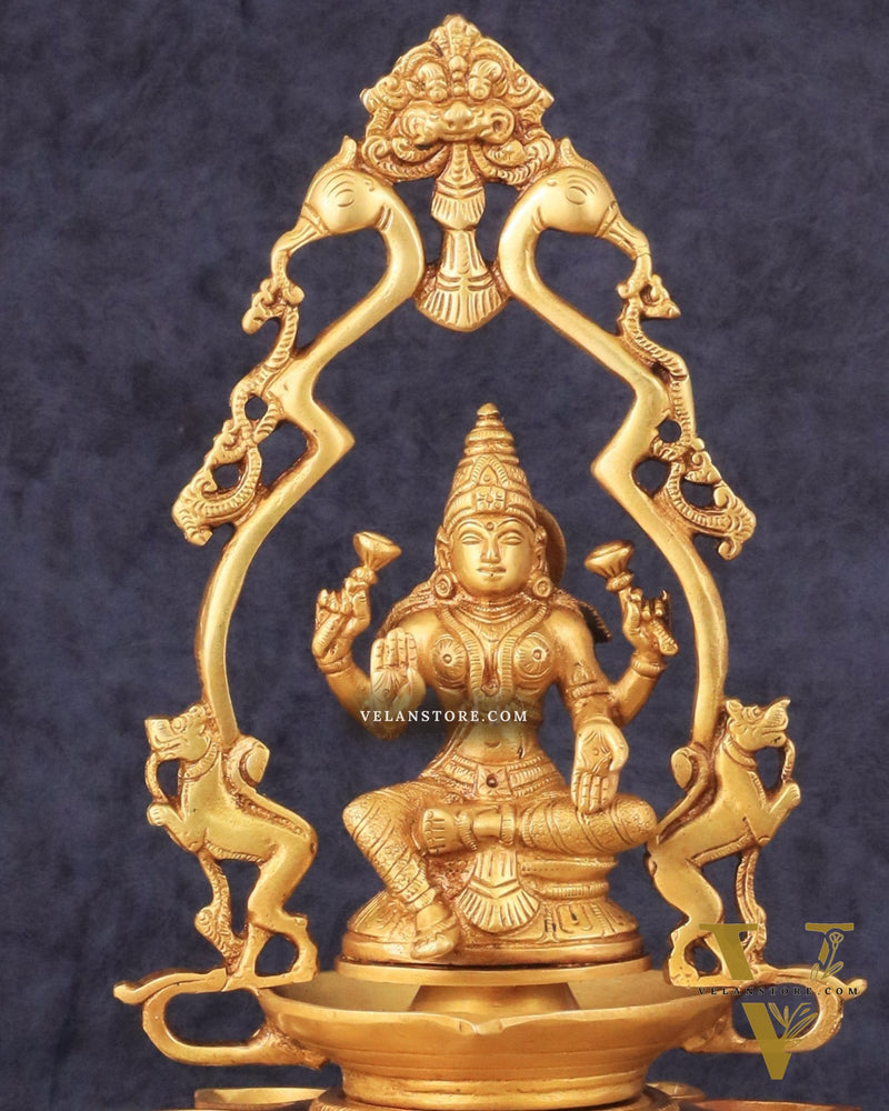 Pure Brass Goddess Lakshmi Statue with Diyas and Thiruvarchi Frame - 12"