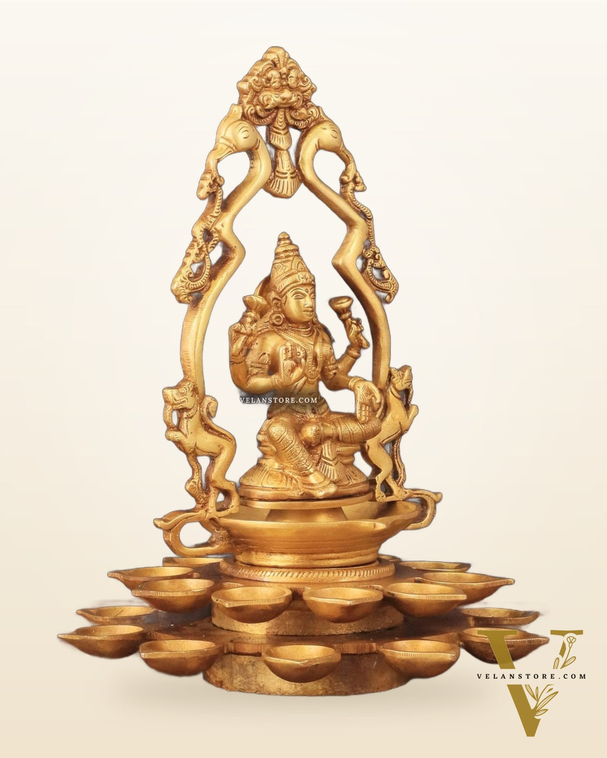 Pure Brass Goddess Lakshmi Statue with Diyas and Thiruvarchi Frame - 12"