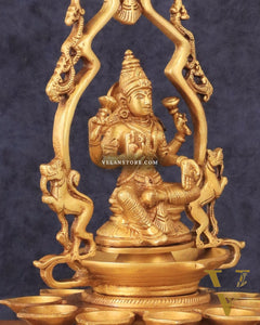 Pure Brass Goddess Lakshmi Statue with Diyas and Thiruvarchi Frame - 12"