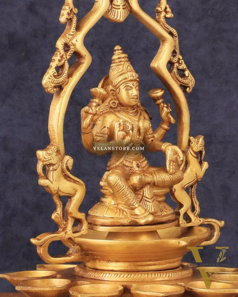 Pure Brass Goddess Lakshmi Statue with Diyas and Thiruvarchi Frame - 12"