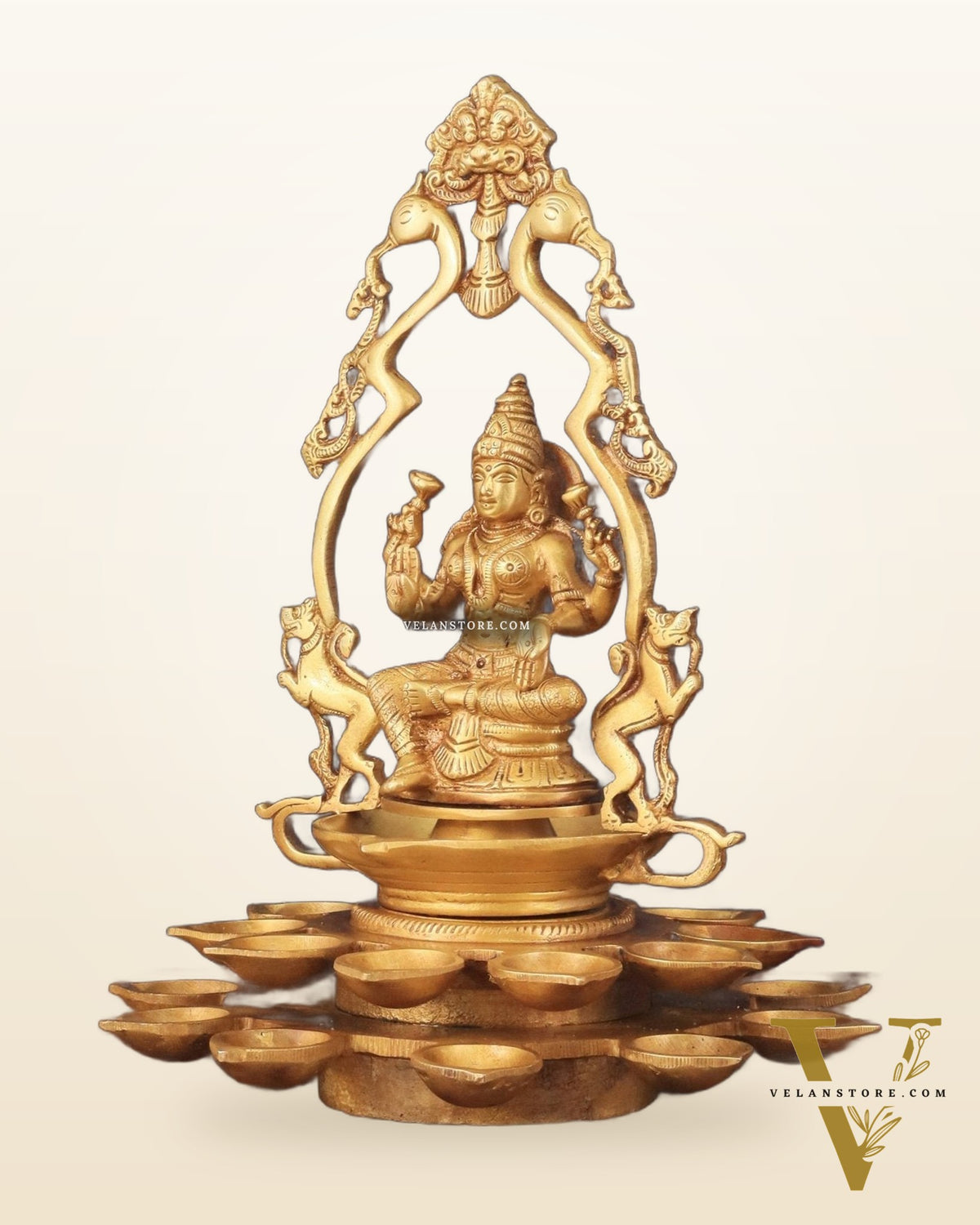 Pure Brass Goddess Lakshmi Statue with Diyas and Thiruvarchi Frame - 12"