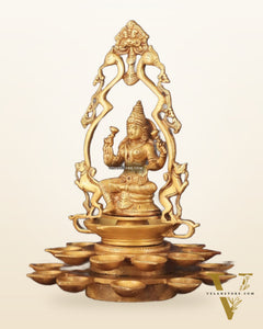Pure Brass Goddess Lakshmi Statue with Diyas and Thiruvarchi Frame - 12"