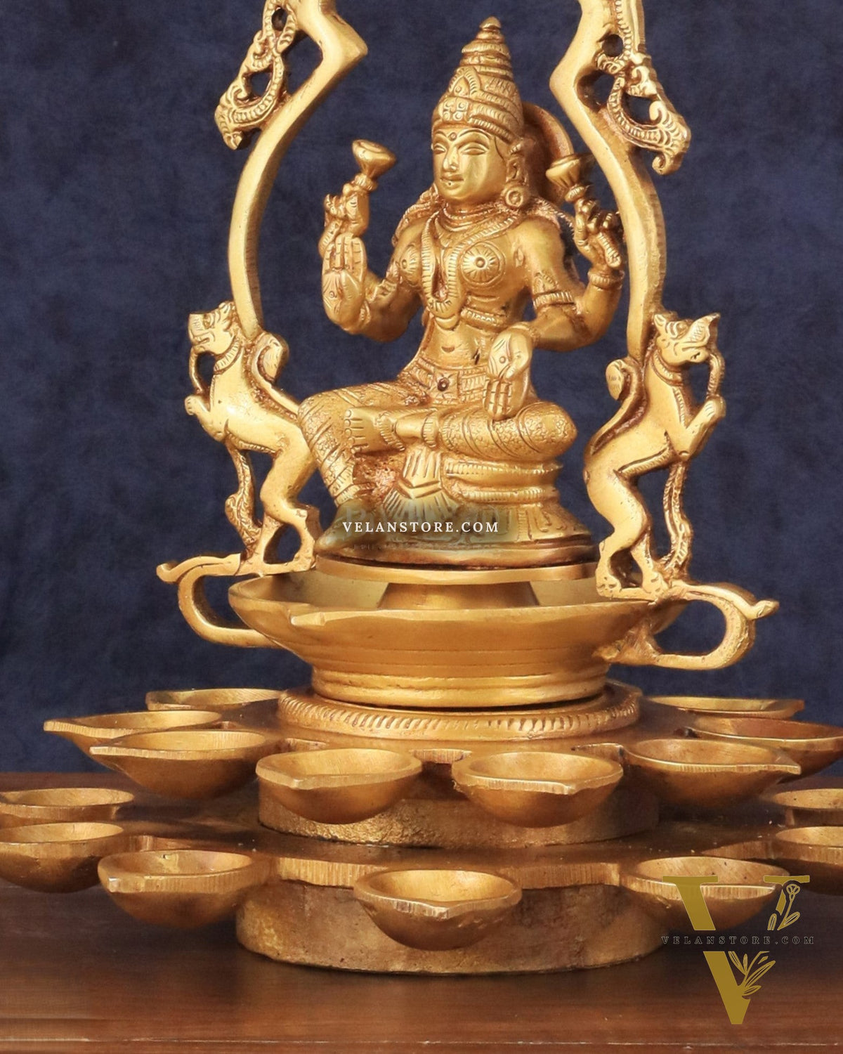 Pure Brass Goddess Lakshmi Statue with Diyas and Thiruvarchi Frame - 12"