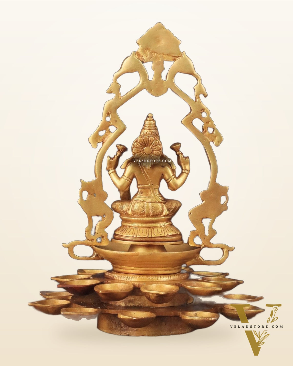 Pure Brass Goddess Lakshmi Statue with Diyas and Thiruvarchi Frame - 12"