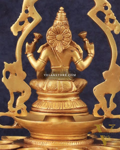 Pure Brass Goddess Lakshmi Statue with Diyas and Thiruvarchi Frame - 12"