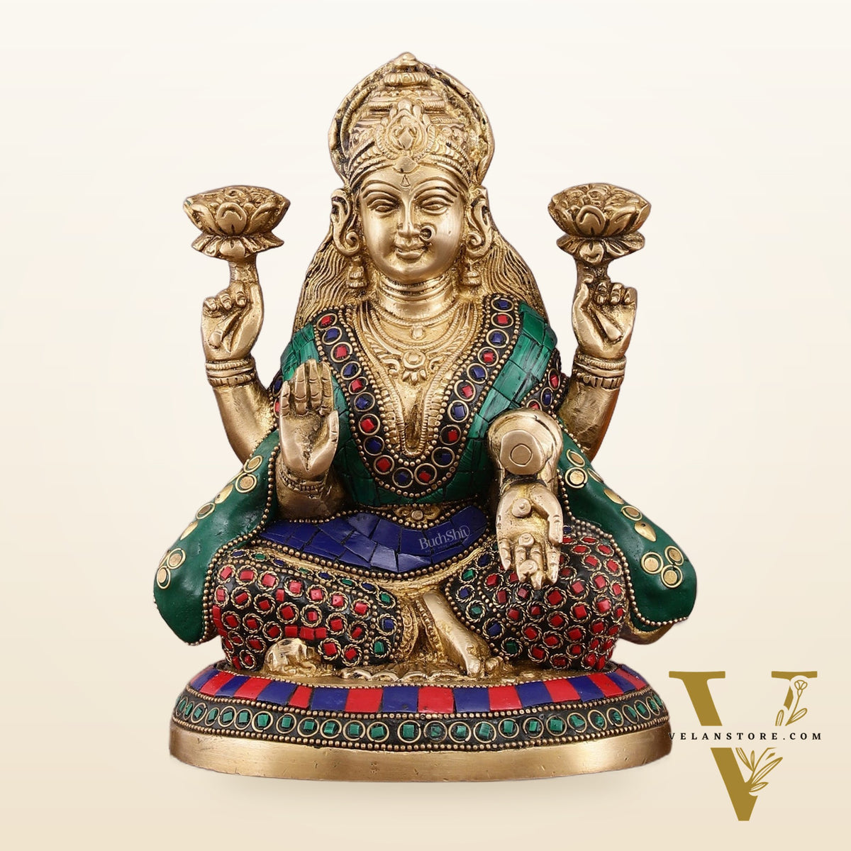 Pure Brass Goddess Lakshmi Statue with Meenakari Stonework – 8 inch