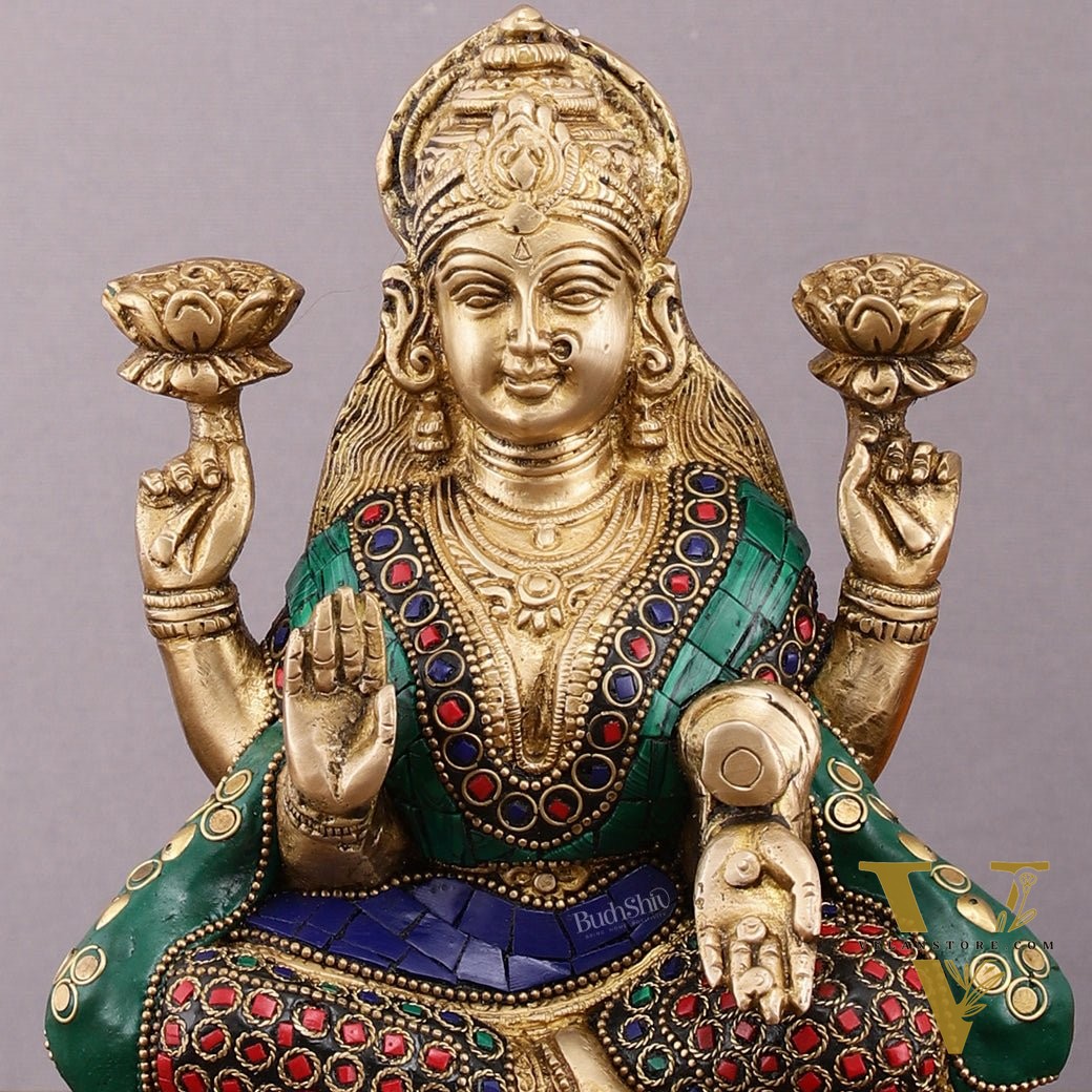 Pure Brass Goddess Lakshmi Statue with Meenakari Stonework – 8 inch