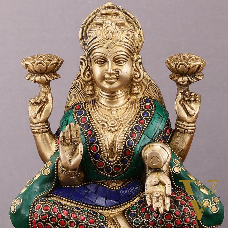 Pure Brass Goddess Lakshmi Statue with Meenakari Stonework – 8 inch