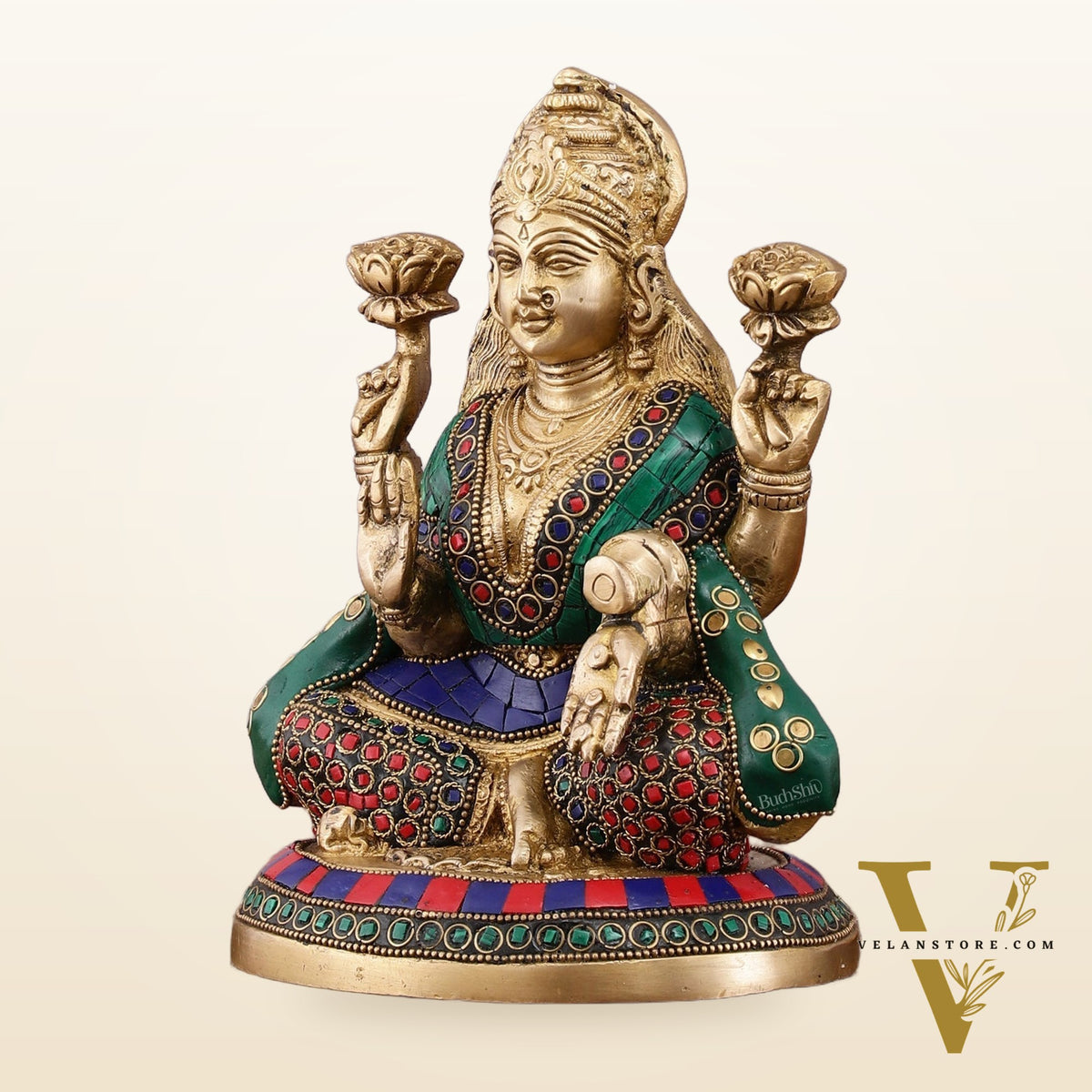 Pure Brass Goddess Lakshmi Statue with Meenakari Stonework – 8 inch