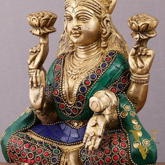 Pure Brass Goddess Lakshmi Statue with Meenakari Stonework – 8 inch