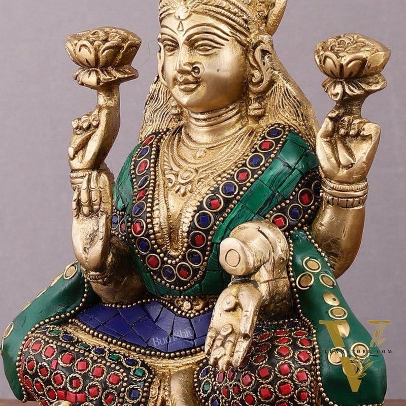 Pure Brass Goddess Lakshmi Statue with Meenakari Stonework – 8 inch
