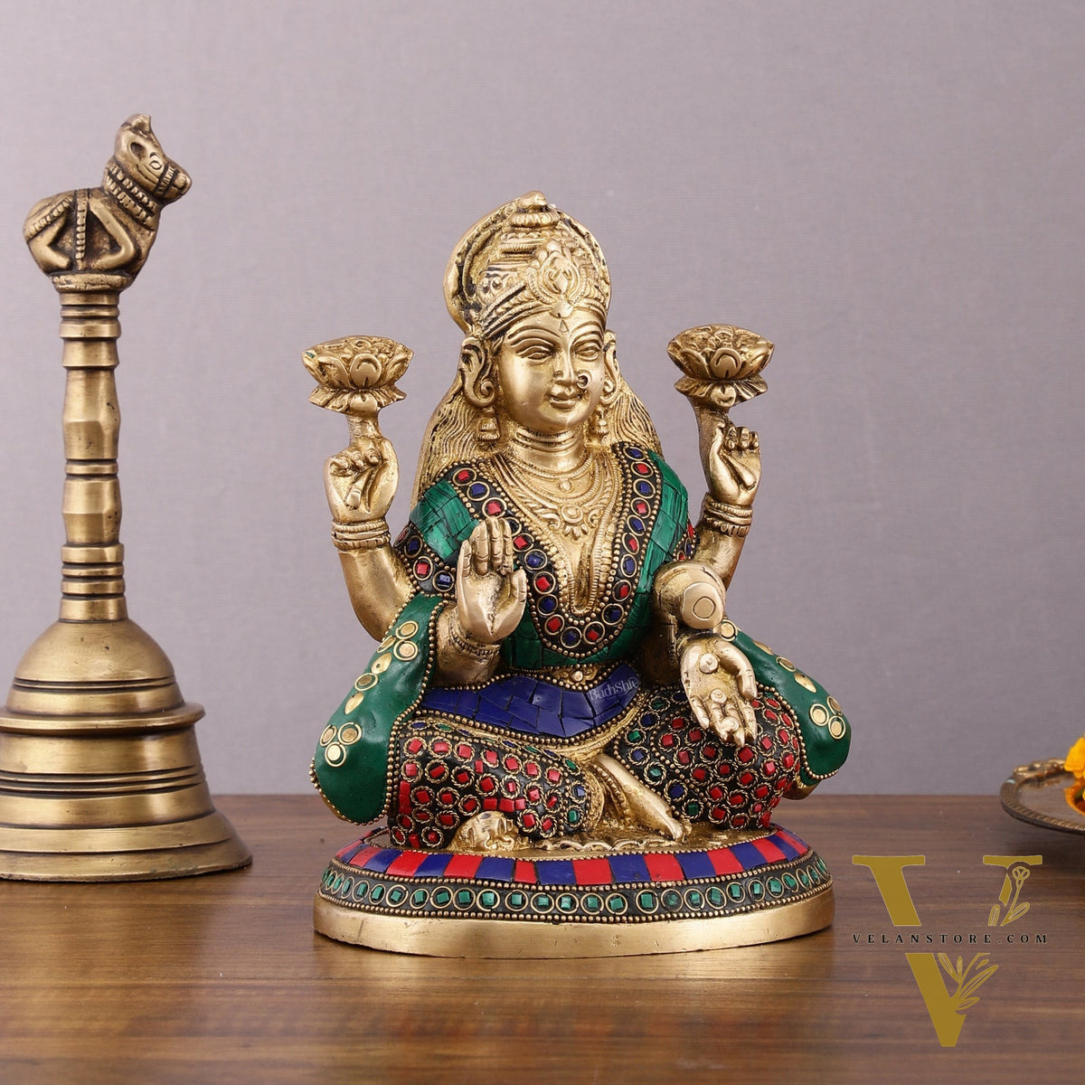 Pure Brass Goddess Lakshmi Statue with Meenakari Stonework – 8 inch