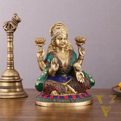 Pure Brass Goddess Lakshmi Statue with Meenakari Stonework – 8 inch