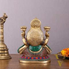 Pure Brass Goddess Lakshmi Statue with Meenakari Stonework – 8 inch