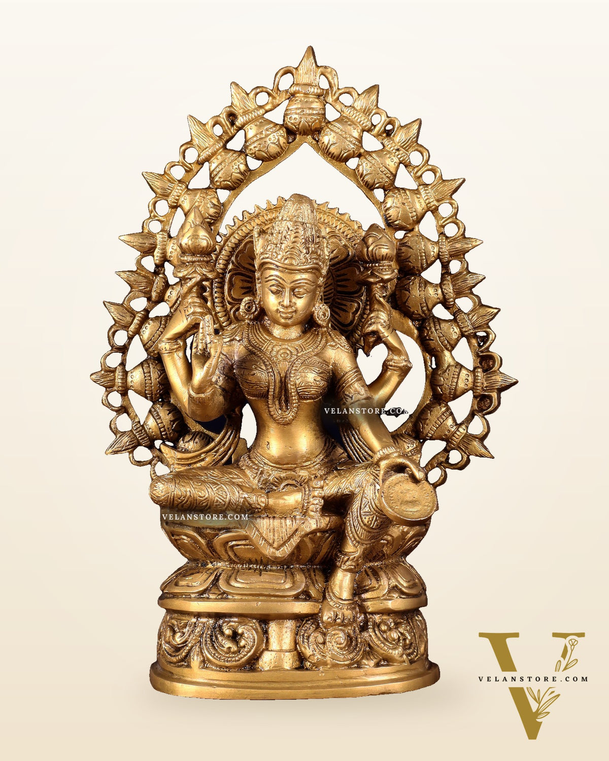 Pure Brass Goddess Lakshmi Statue with Prabhavali – 10.5 Inch