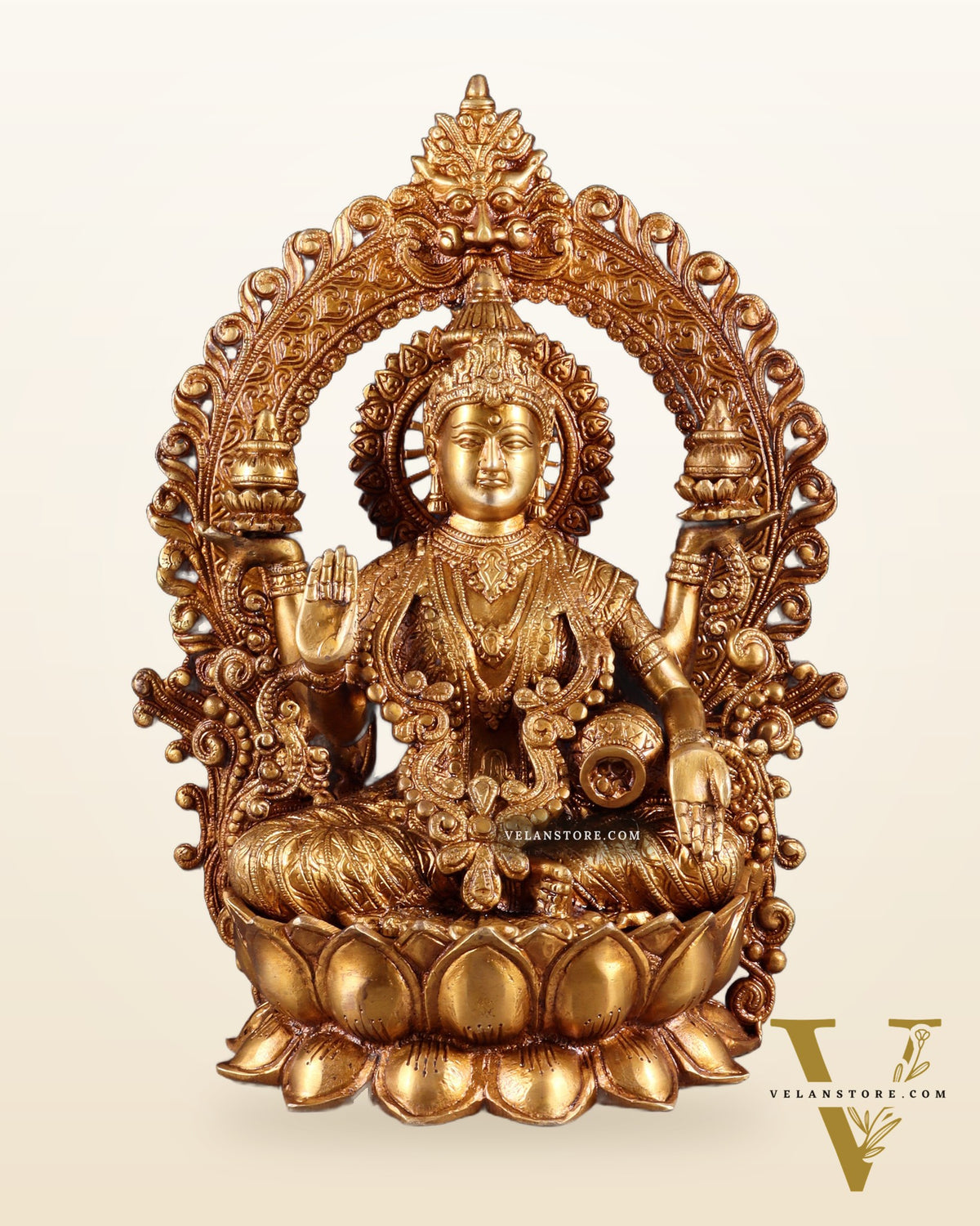Pure Brass Goddess Lakshmi with Prabhavali Arch Statue - 15"