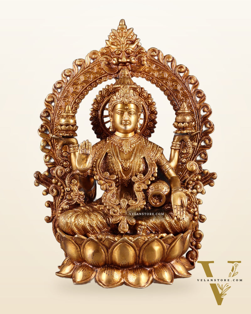 Pure Brass Goddess Lakshmi with Prabhavali Arch Statue - 15"
