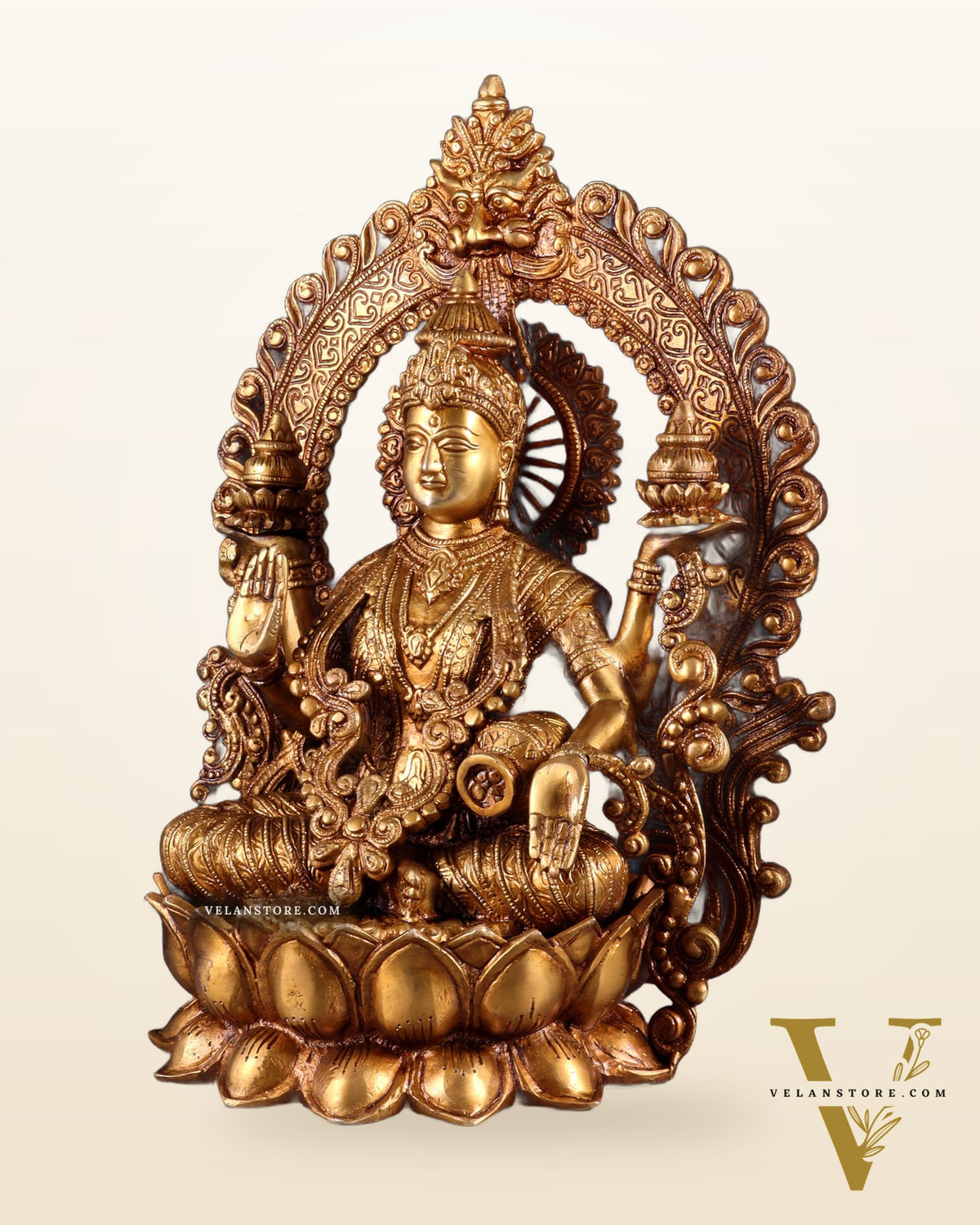 Pure Brass Goddess Lakshmi with Prabhavali Arch Statue - 15"