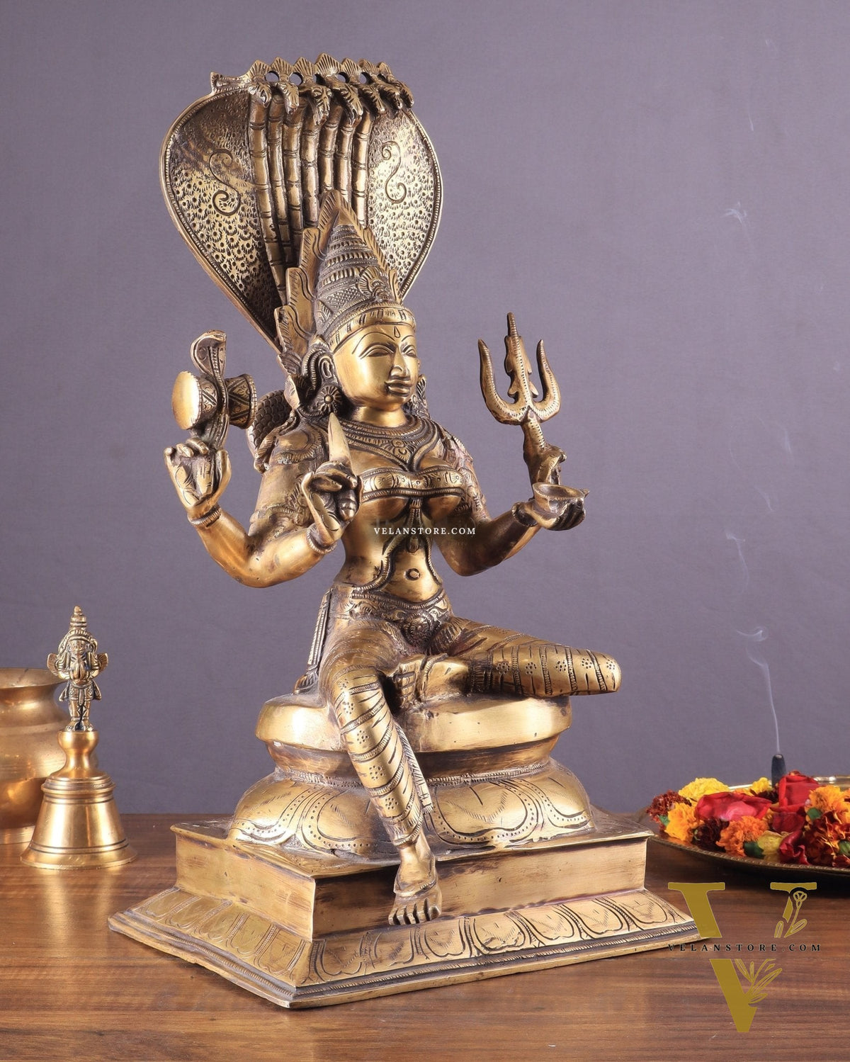 Pure Brass Goddess Mariamman Statue – Hindu Goddess of Rain 19"