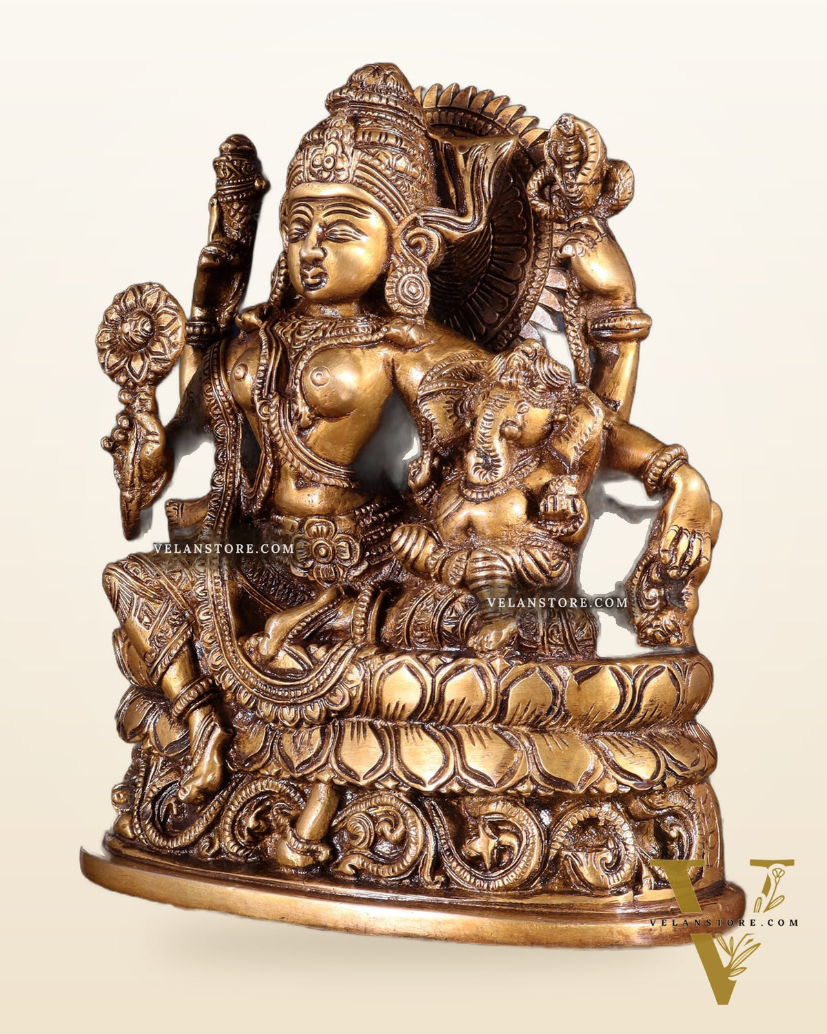 Pure Brass Goddess Parvati with Baby Ganesha Statue – 9 Inches