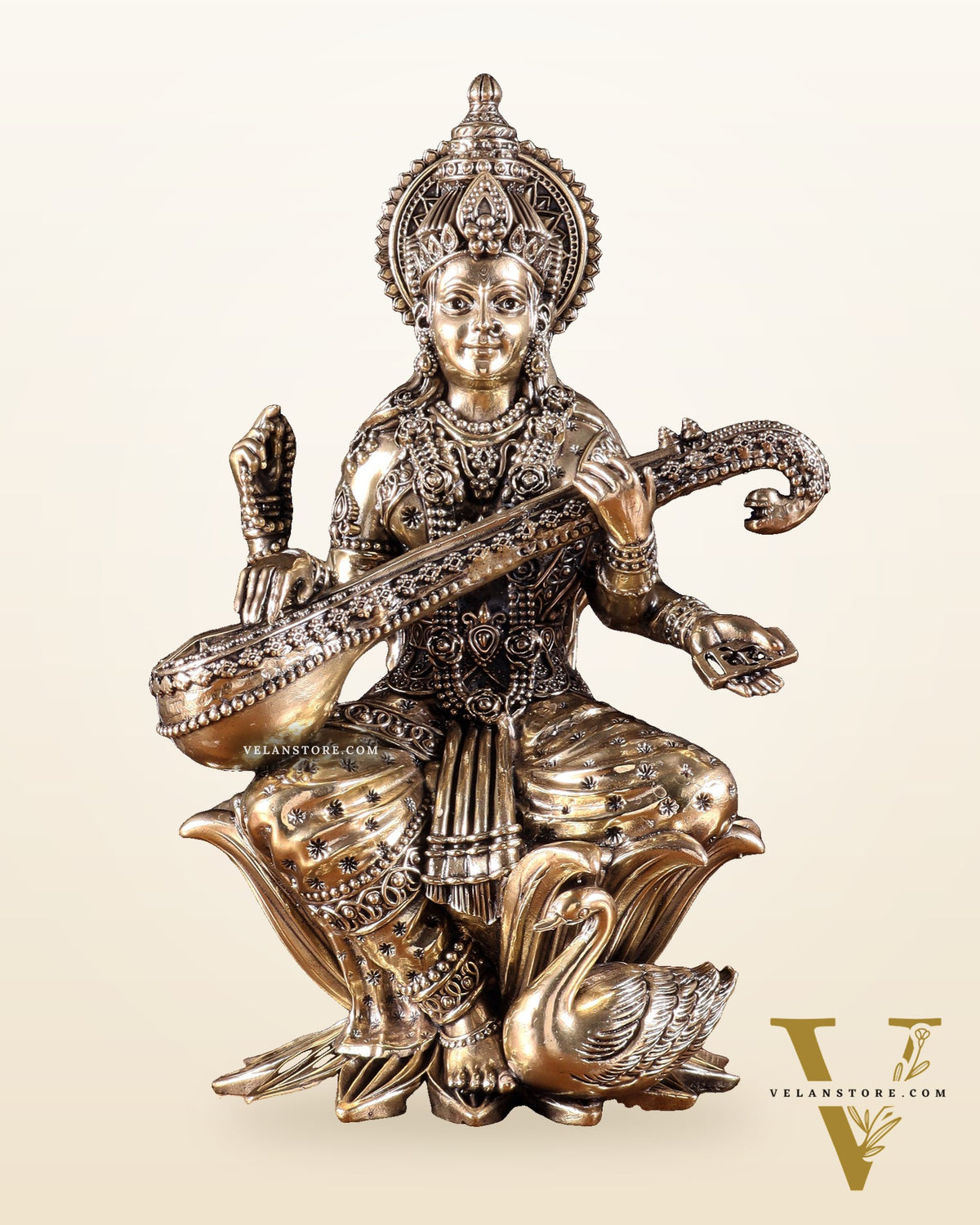 Pure Brass Goddess Saraswati Idol – 10 Inch | Intricately Handcrafted