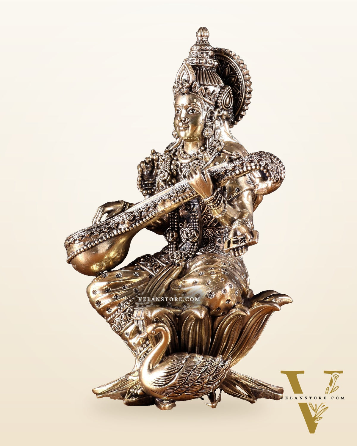 Pure Brass Goddess Saraswati Idol – 10 Inch | Intricately Handcrafted