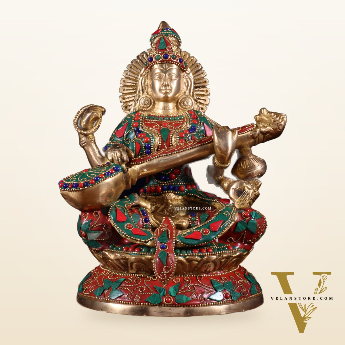 Pure Brass Goddess Saraswati Idol – Intricate Floral Stonework 9 Inch