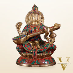 Pure Brass Goddess Saraswati Idol – Intricate Floral Stonework 9 Inch