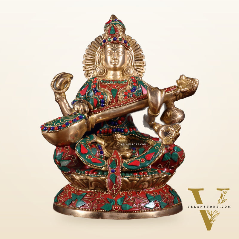 Pure Brass Goddess Saraswati Idol – Intricate Floral Stonework 9 Inch