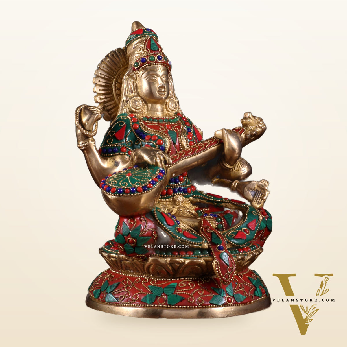 Pure Brass Goddess Saraswati Idol – Intricate Floral Stonework 9 Inch