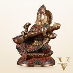 Pure Brass Goddess Saraswati Idol – Intricate Floral Stonework 9 Inch