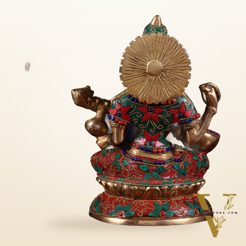 Pure Brass Goddess Saraswati Idol – Intricate Floral Stonework 9 Inch