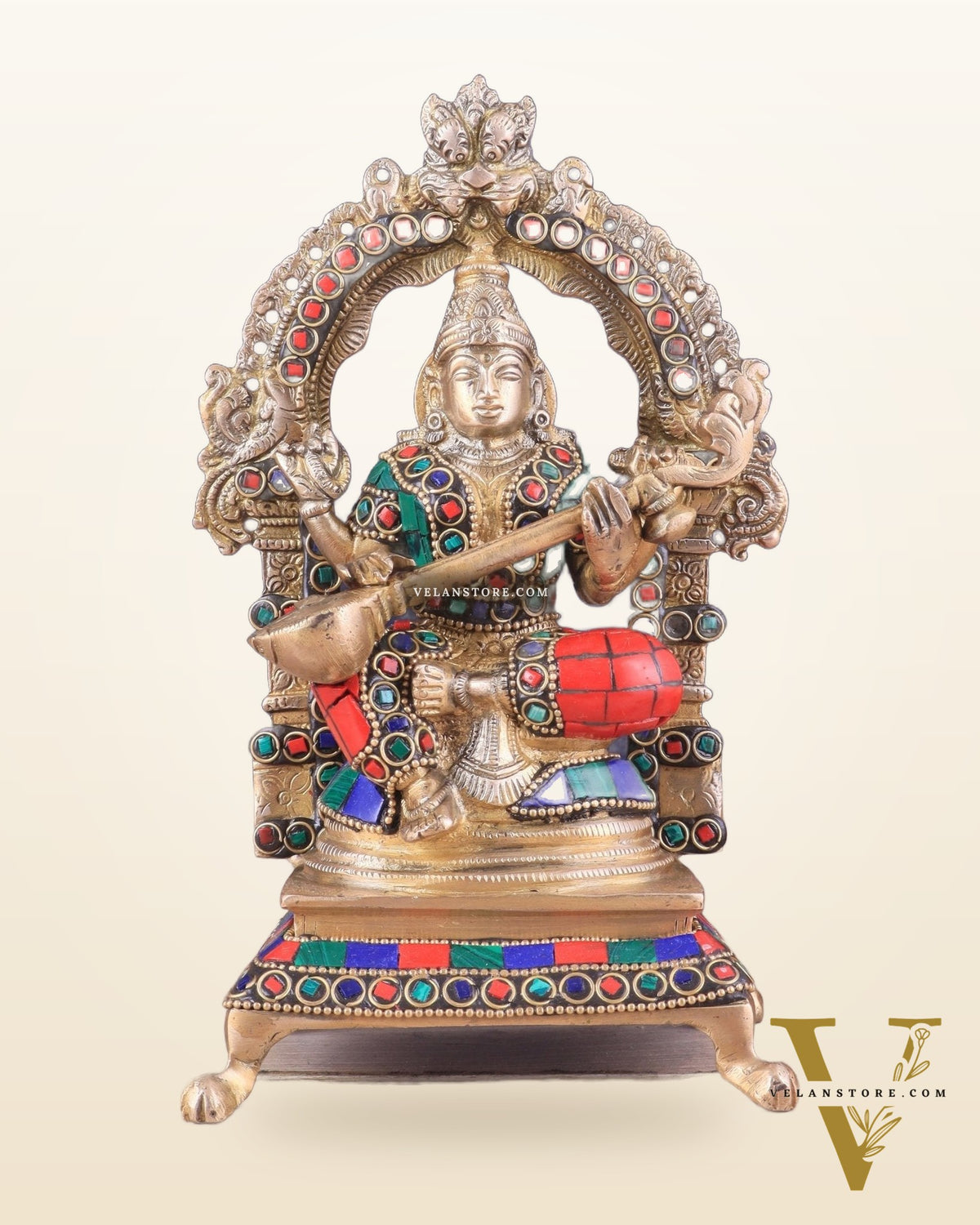 Pure Brass Goddess Saraswati Idol | Meenakari Stonework 8"