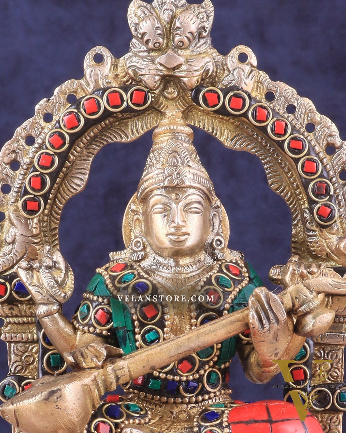 Pure Brass Goddess Saraswati Idol | Meenakari Stonework 8"